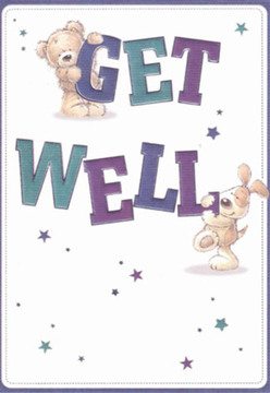 This St Albans-inspired get well card bursts with comfort and optimism, as if hand-delivered on a stroll past the historic Abbey. Two lively companions-a cuddly bear and an eager puppy-are depicted amidst a flurry of playful, star-shaped bursts reminiscent of autumn leaves scattered along Clarence Park. The bear, soft and rounded, rests against the 'GET' in violet and teal, while below, the puppy leans on the 'WELL,' its velvety ears lending a touch of warmth and playfulness. Their affectionate gazes draw you in, promising not just cheerfulness but genuine, neighbourly support-a quality cherished throughout the St Albans community. The confident, artfully layered letters shimmer against a crisp backdrop, lifting the senses the way a fresh bouquet from a local florist can brighten a room. Throughout the scene, the intertwining colours of deep purple and aqua speak of healing and possibility, while scattered stars glimmer like the first lights over St Peter's Street at dusk. Each brushstroke and detail feels lovingly considered, echoing the thoughtful touch one might find in a custom arrangement from Flowers St Albans, designed to bring strength and comfort to a loved one on the mend.
