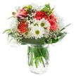 This vibrant bouquet exudes cheerful elegance, capturing the spirit of a sunlit morning in St Albans. At its heart are coral carnations, each bloom intricately ruffled and lush, radiating warmth and personality. Wisps of white chrysanthemums encircle them, their delicate, multi-petaled forms reminiscent of clouds drifting over the Abbey Orchard. Punctuating the ensemble are classic white daisies, their vivid yellow-green centers sparkling with the freshness that echoes in the open spaces of Bernards Heath. A fine mist of baby's breath threads its way through the arrangement, imparting a light, airy softness. Tucked subtly on one side, closed magenta alstroemeria buds suggest promise and the beauty of things still unfolding-a nod to the changing seasons felt throughout the city's leafy streets. An array of glossy, deep green foliage creates a gentle frame around the design, balancing the palette and lending an organic, just-picked feel. The clear glass vase below displays the sturdy stems immersed in fresh water, adding a tranquil, grounding note. Against a pristine backdrop, every petal and leaf stands out in sharp detail. Crafted thoughtfully, this bouquet brings a touch of St Albans' refined charm into any setting-perfect for birthday surprises, welcoming loved ones, or simply brightening a home with pure, joyful color.